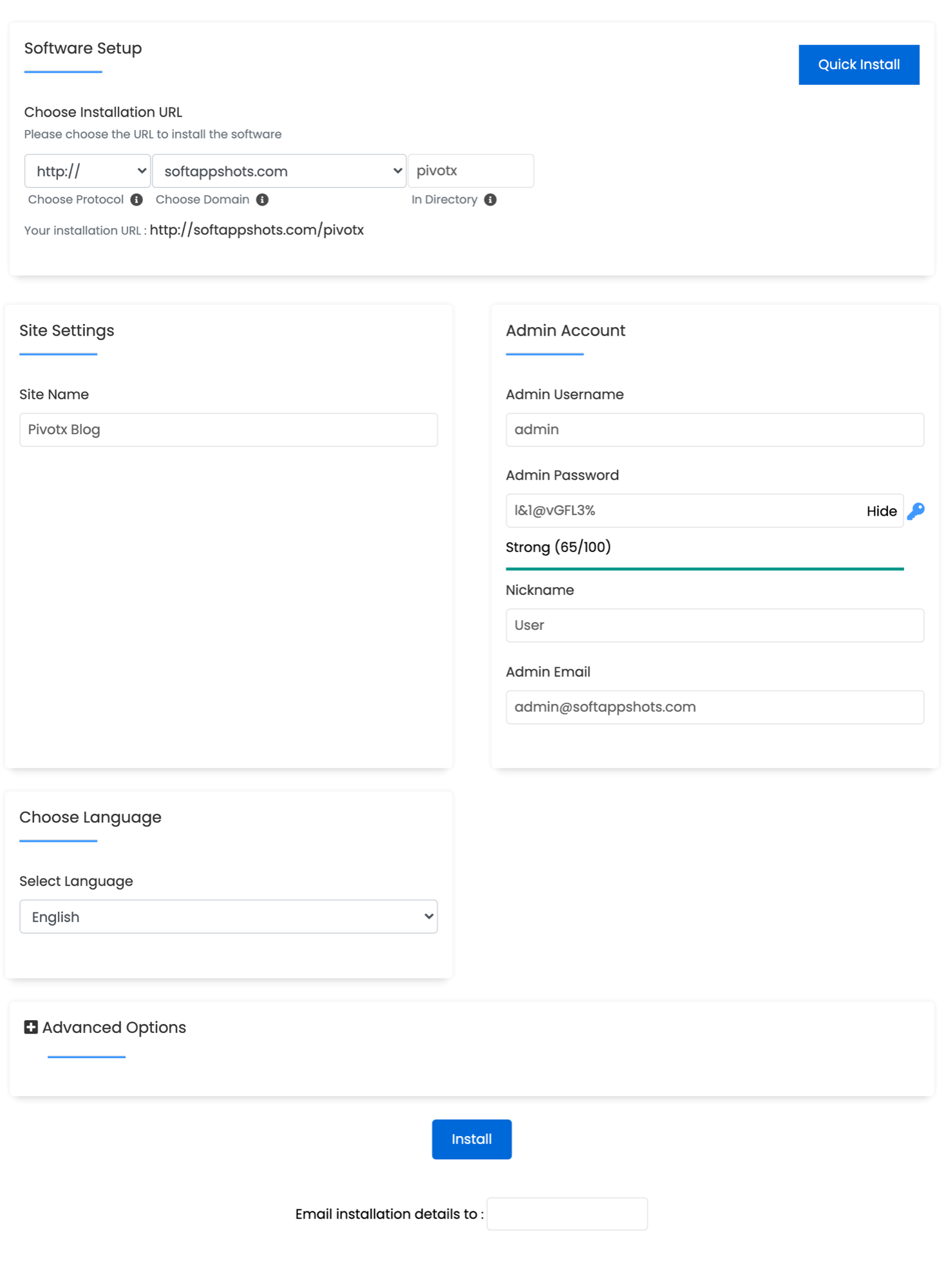 PivotX Install Options