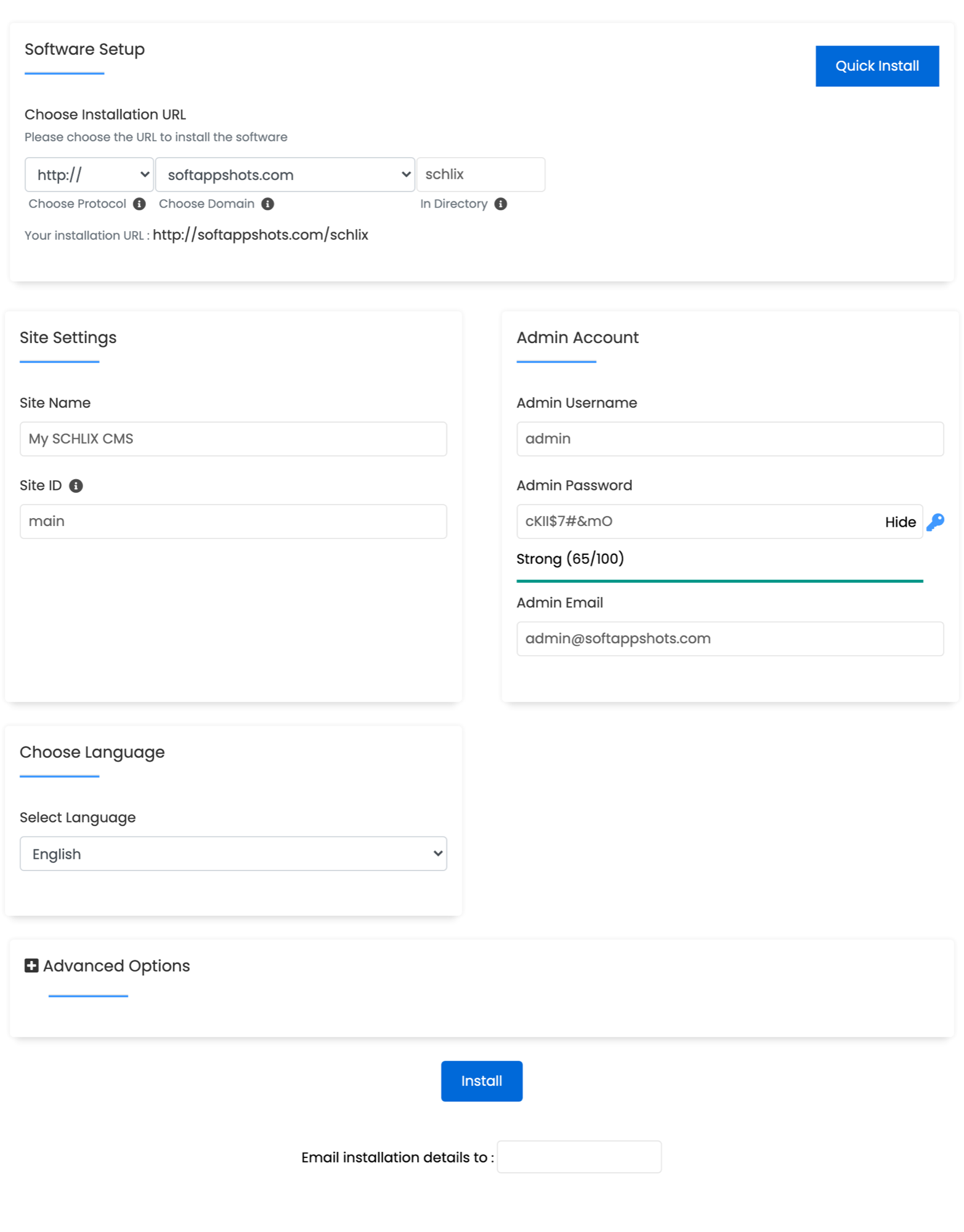 SCHLIX CMS Install Options