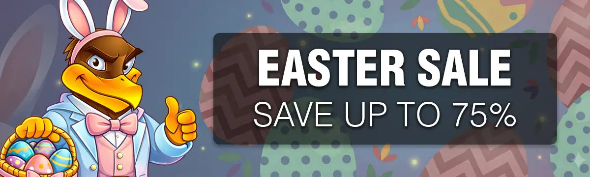 Hawk Host mascot pointing to Easter web hosting deals up to 75% off